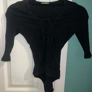 San Joy Black Lace-Up Ribbed Bodysuit